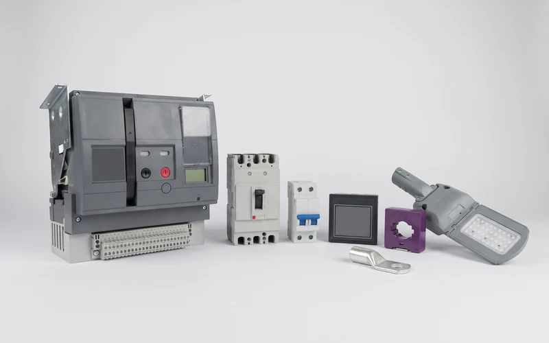 An air circuit breaker, a molded case breaker, a panel meter, a current transformer, a cable lug and an LED luminaire
